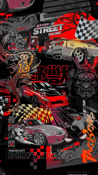 Street Racing Drift Team Tokyo City Anime Art