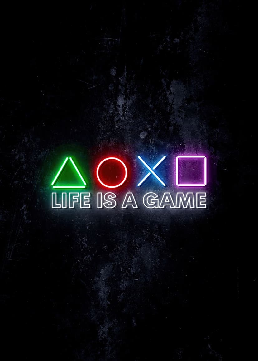 Glowing PlayStation controller symbols and Life Is A Game text shine in neon light on a dark textured surface.