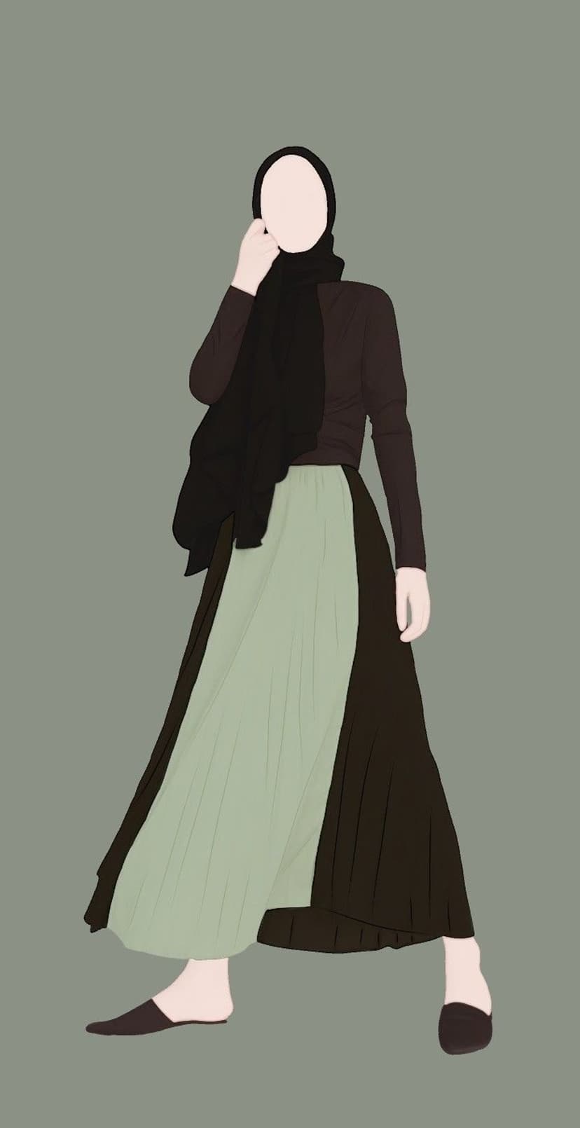 Hijabi woman posing in a tricolor pleated skirt and black headscarf against a solid grey background.