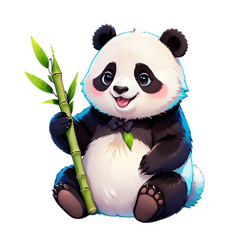 Panda bear sitting with green bamboo featuring fluffy fur textures and a glowing light blue iridescent outline.
