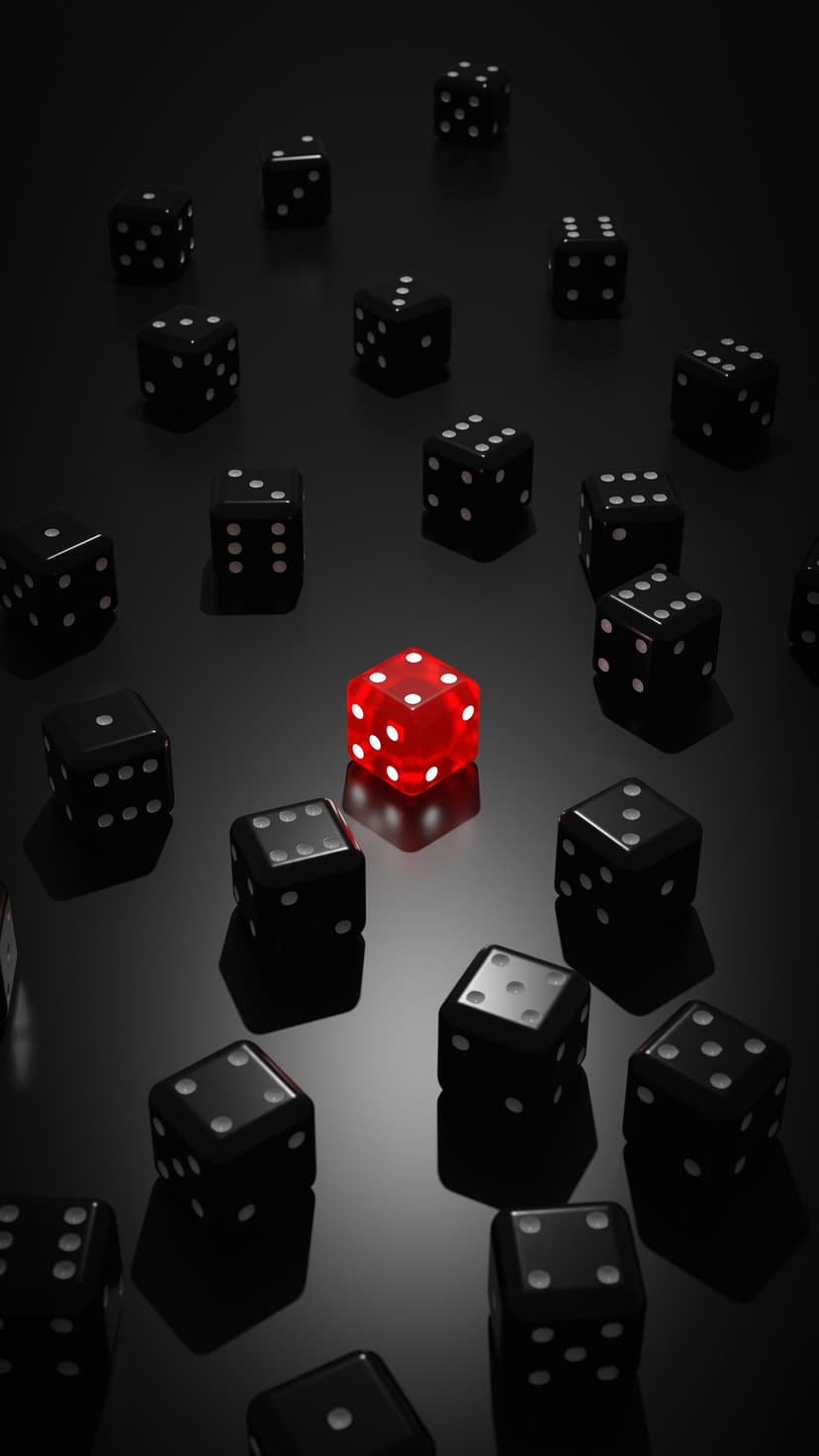 Translucent red die surrounded by black dice on a dark reflective surface with sharp focus and high contrast.