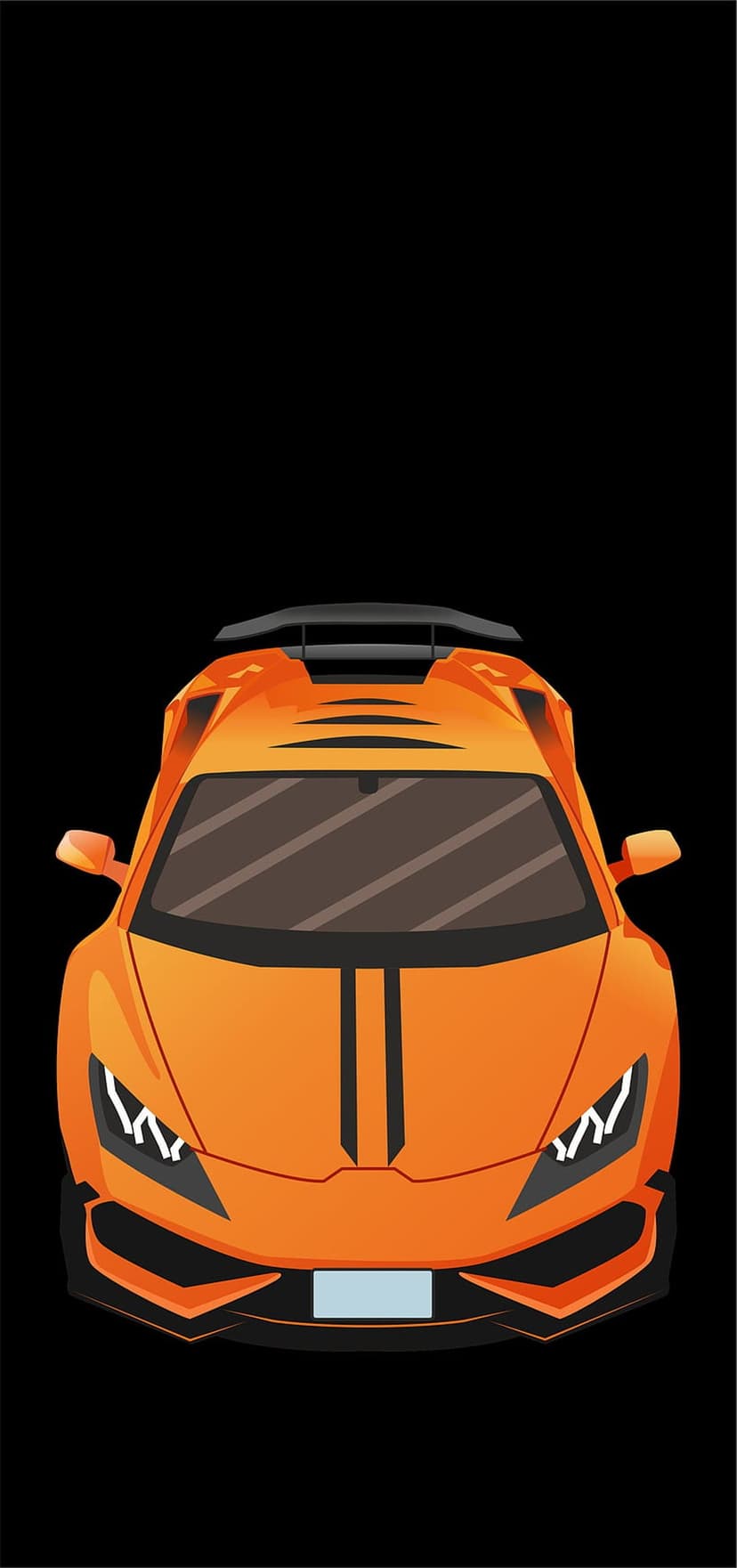 Orange supercar with black racing stripes and sharp headlights centered on a solid dark background.