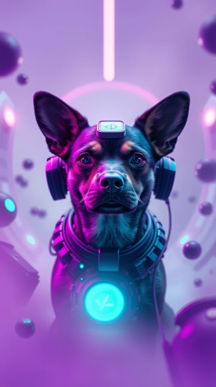 Cybernetic dog wearing glowing purple headphones and a mechanical chest plate against a neon pink background.