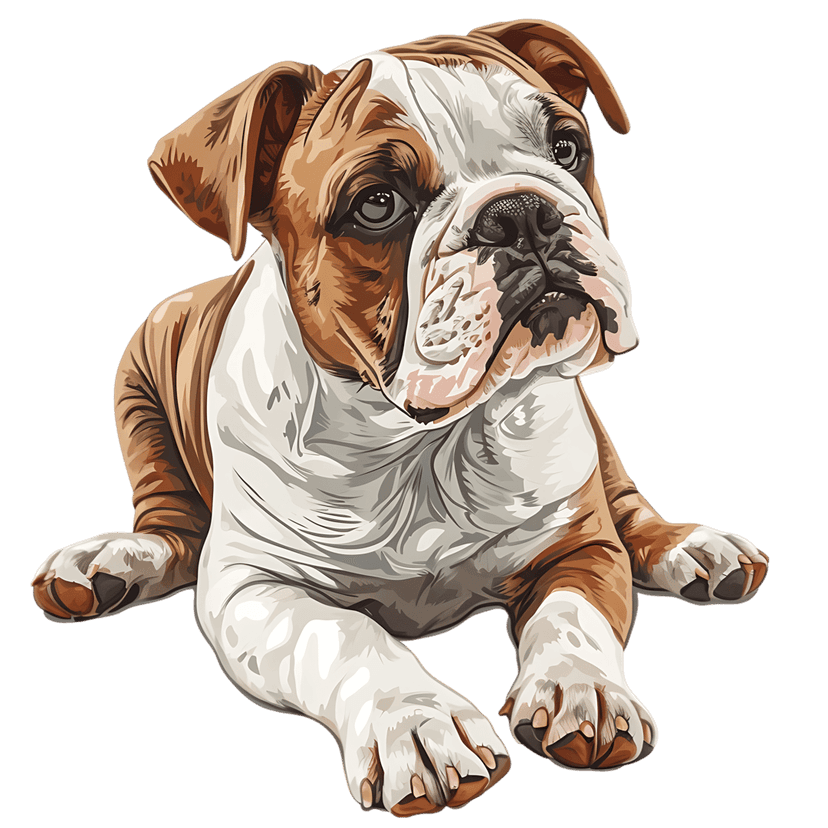 English Bulldog puppy with brindle markings and facial wrinkles peeking over a white wooden fence outdoors.