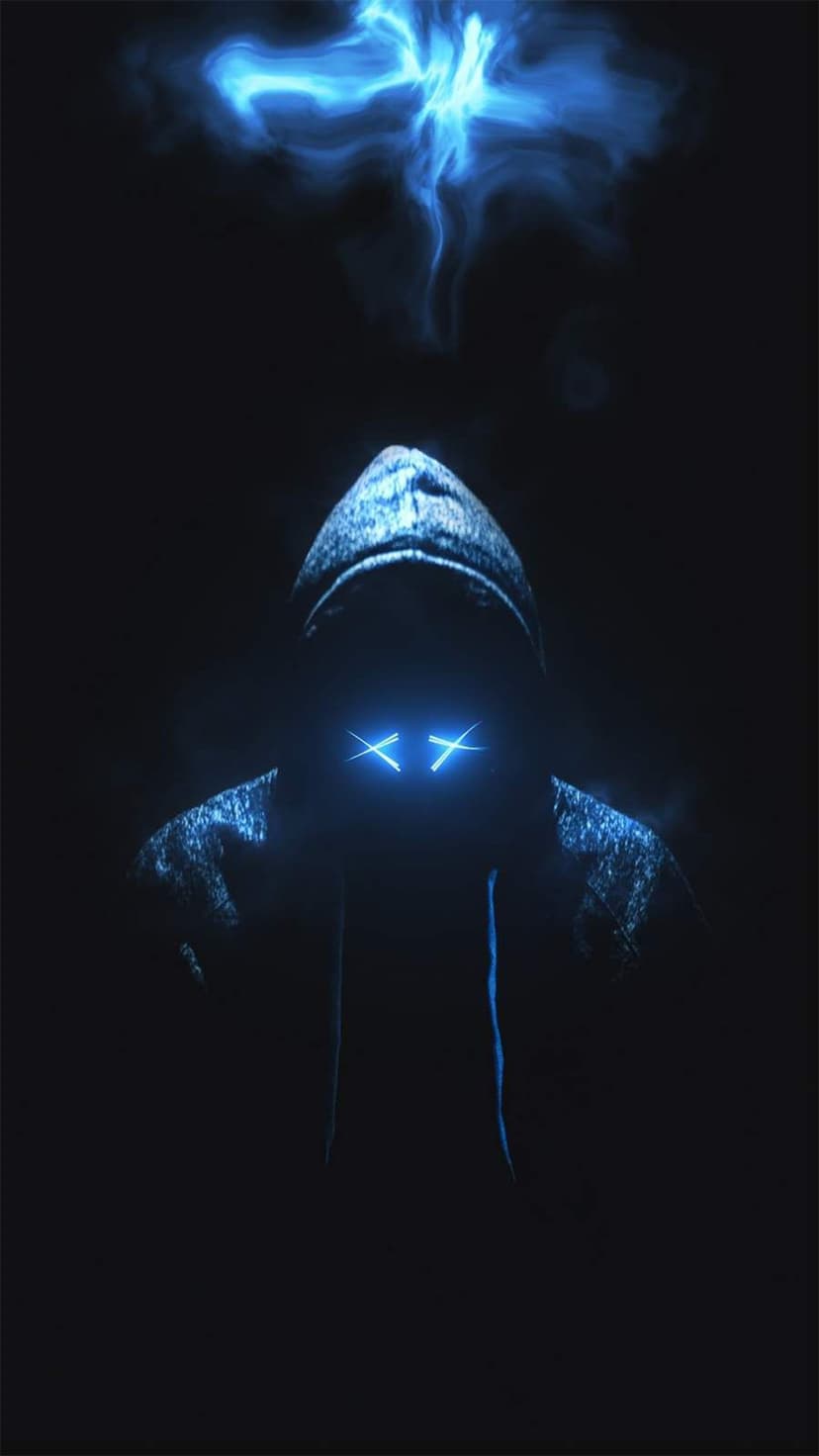 Hooded person with glowing blue X-shaped eyes and swirling azure smoke against a dark, shadowy background.