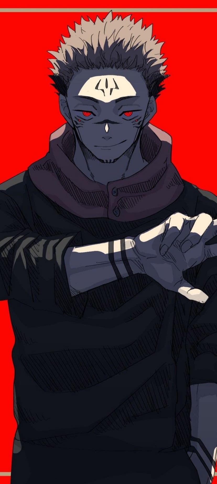 Ryomen Sukuna with four glowing red eyes and black facial markings stares forward against a solid crimson backdrop.