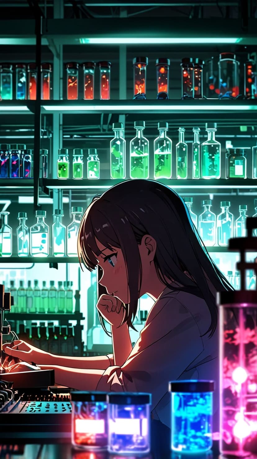 Dark-haired scientist with blue eyes sits at a glowing tech console near shelves of neon chemical vials.