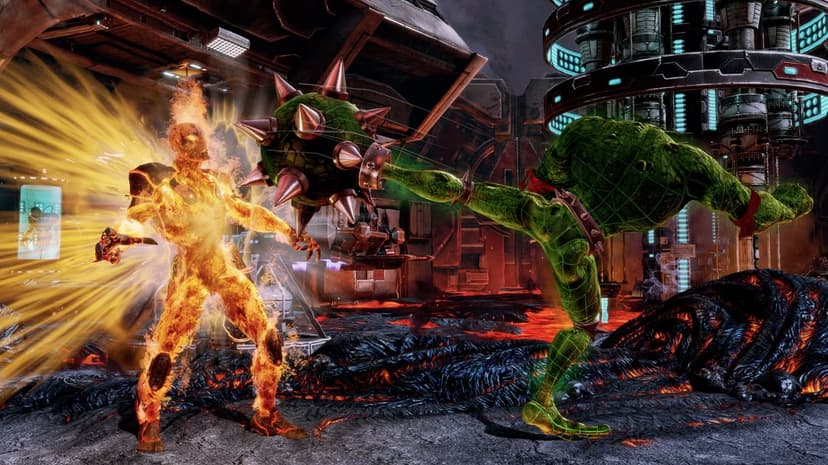 Green toad character kicks a flaming figure with a spiked ball leg in a volcanic sci-fi arena background.