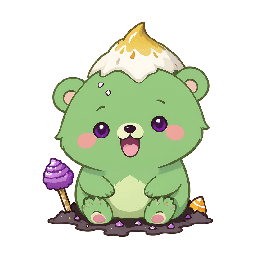 Green bear sticker illustration featuring purple eyes, white meringue topping, and candy corn in dark soil.