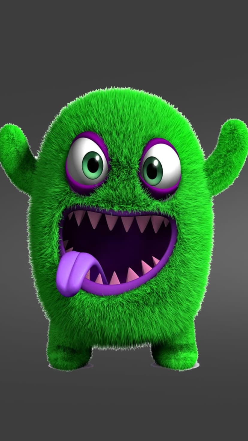 Fuzzy green monster with large eyes and a long purple tongue sticking out against a neutral gray background.