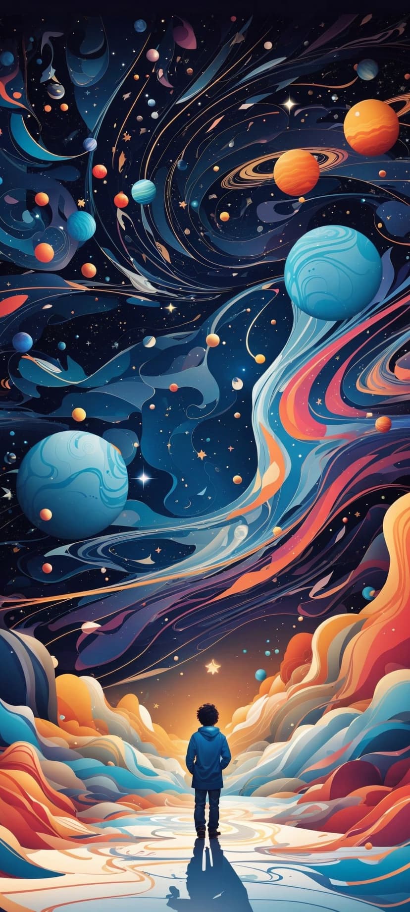 Person in a blue hoodie stands before a vast purple nebula and orange planets in a swirling starry galaxy.