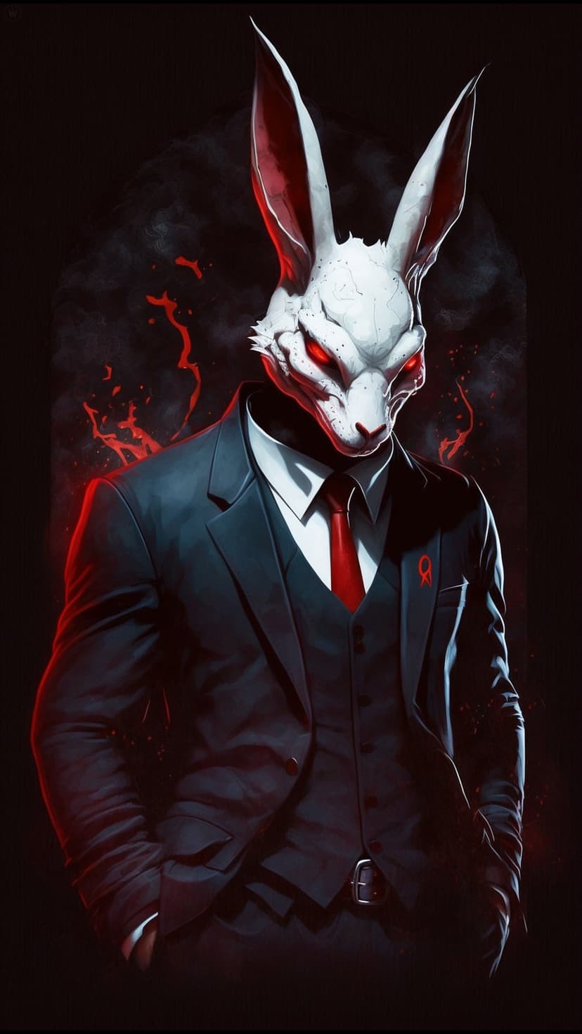 White rabbit wearing a black suit and red tie stares forward with luminous red eyes against a smoky backdrop.