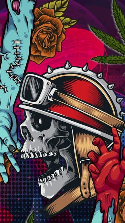 Zombie Skater Skull with Rose and Weed Art