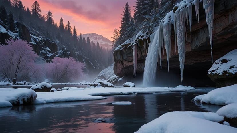 Frozen waterfall with icicles cascades into a river beneath a pink sunrise and snow-dusted mountain cliffs.