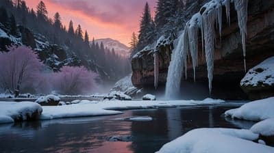 Winter Waterfall Sunrise Over Snowy Mountain Landscape