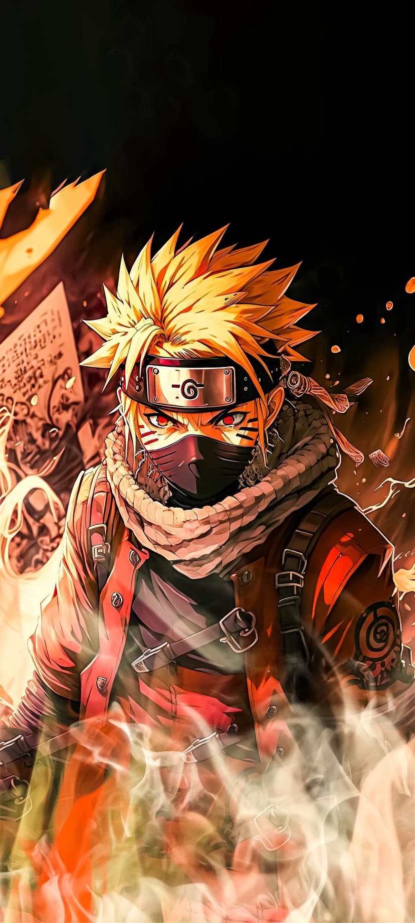 Naruto Uzumaki with red eyes and a black mask wears an orange jacket and scarf while holding a giant scroll.