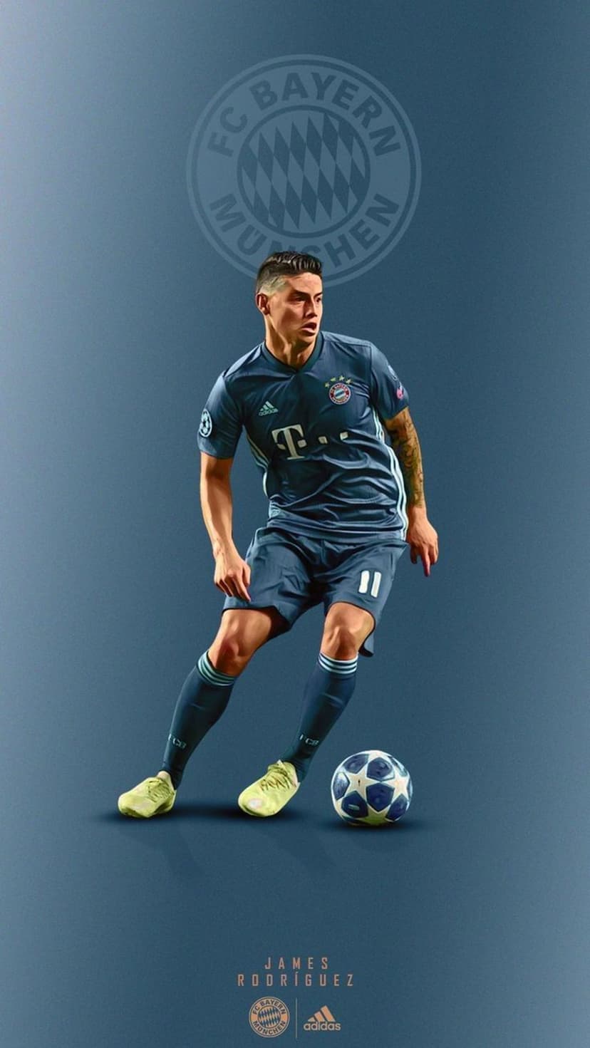 James Rodriguez in a red Bayern Munich kit dribbles a star-patterned soccer ball against a blue-grey backdrop.