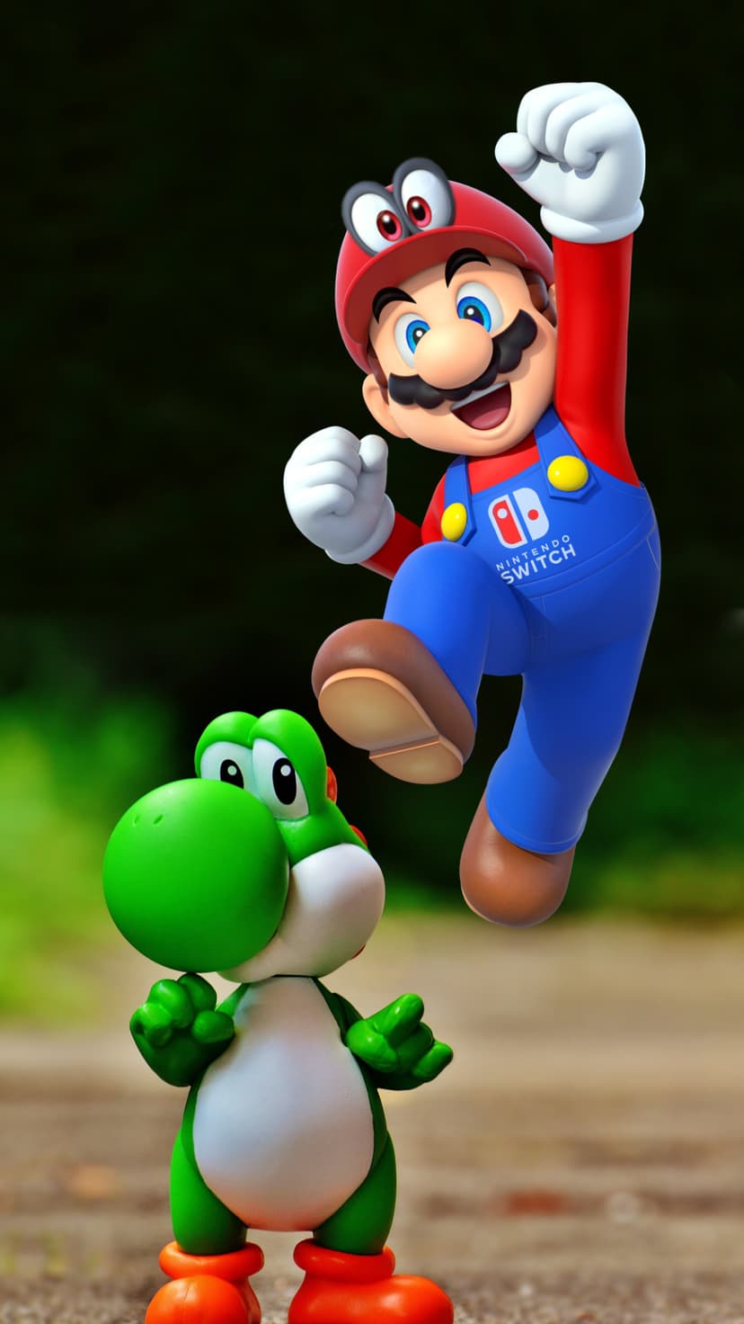 Mario and Yoshi jump together through a grassy field with rolling hills and a bright blue sky in the background.