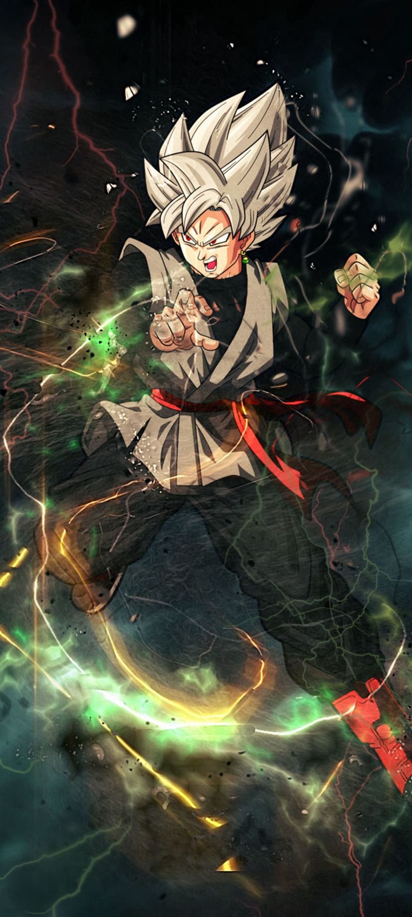 Goku Black in Super Saiyan Rose form with pink hair surges with violet lightning against a dark background.