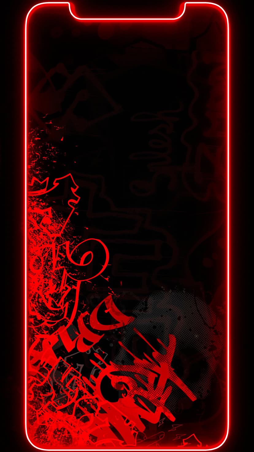 Vibrant red neon frame surrounds distressed street art textures on a deep black vertical background.