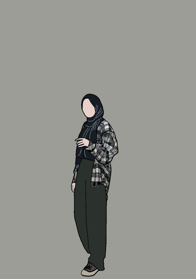 Woman in a black hijab and grey plaid shirt stands in a casual pose against a solid grey background.