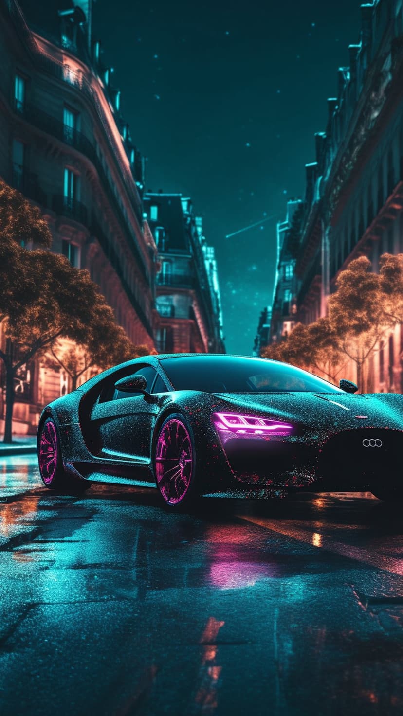 Sports car with pink neon accents parked on a wet street reflecting blue and amber city lights at night.