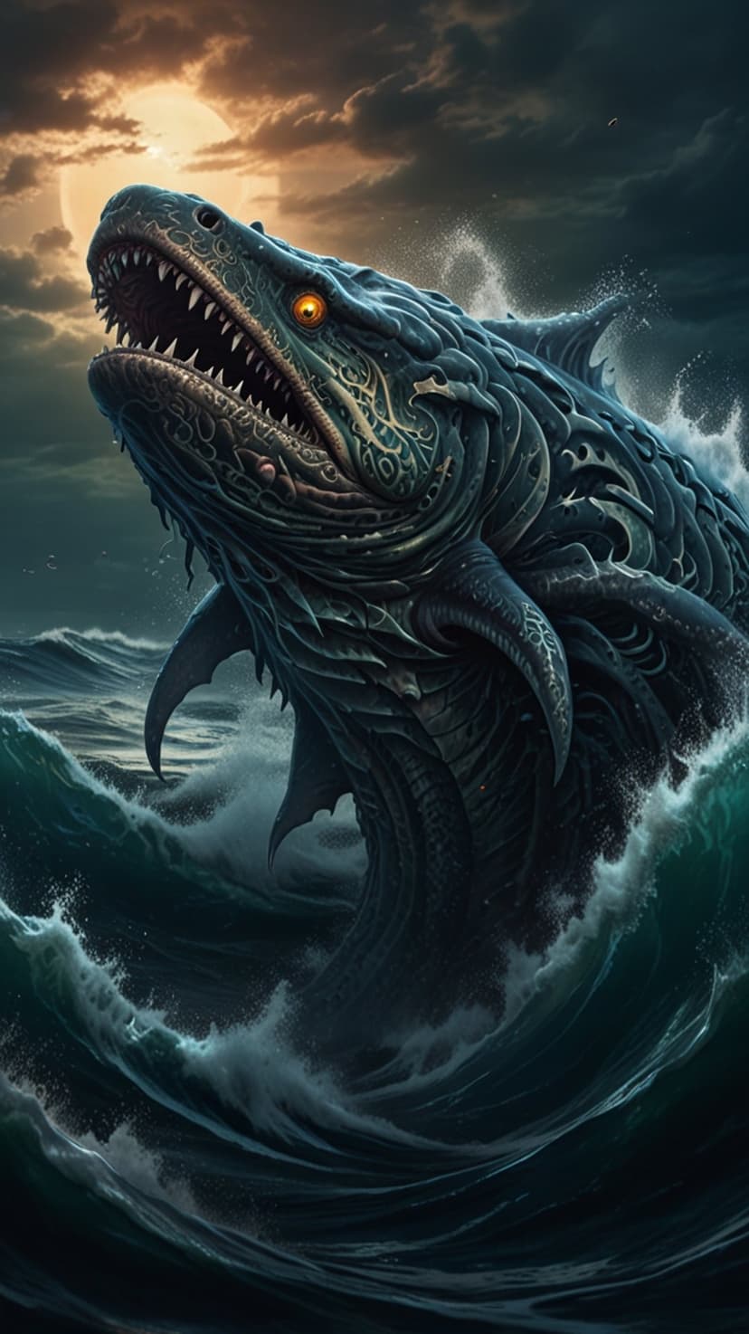 Giant sea serpent with glowing eyes rises from dark ocean waves beneath a cloudy night sky and bright full moon.