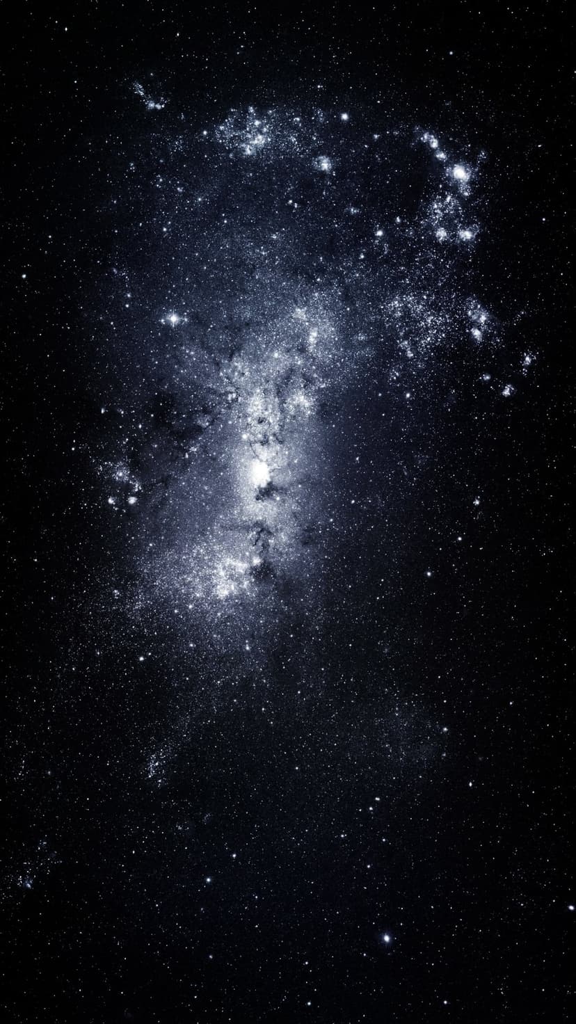 Glowing star clusters and dark interstellar dust clouds scattered across a vast, deep purple cosmic expanse.