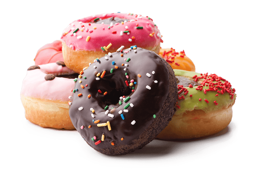 Assorted glazed doughnuts featuring chocolate frosting and colorful sprinkles arranged on a clean background.