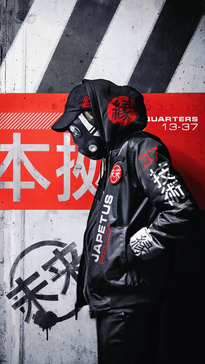 Masked figure in a black techwear jacket with Japanese text stands before a red wall and striped concrete backdrop.