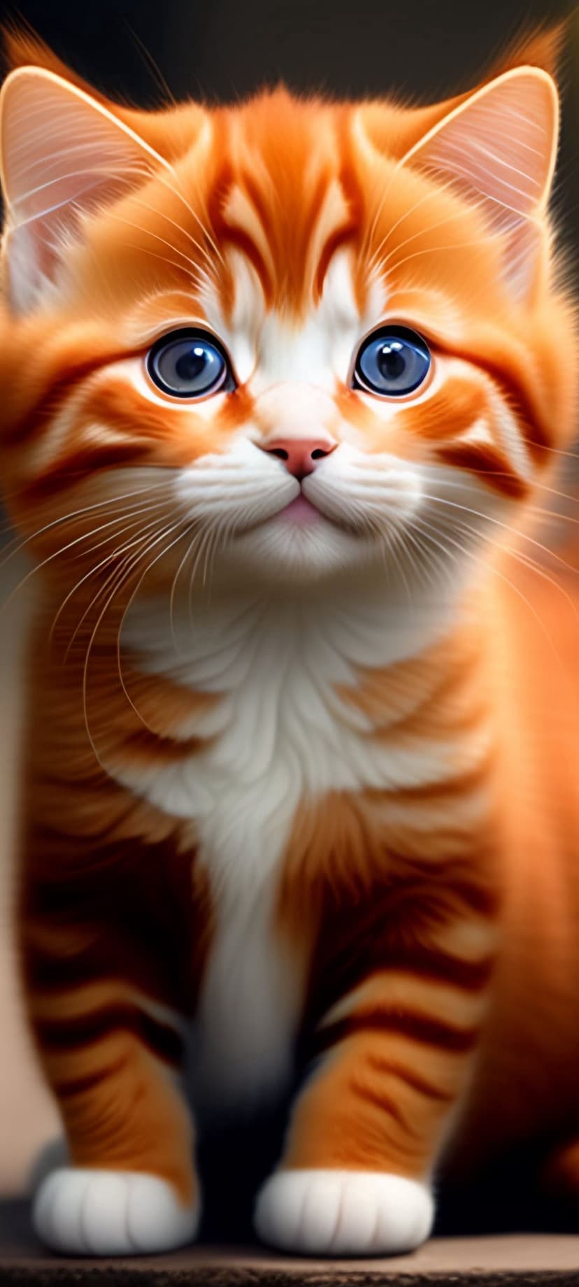 Orange tabby kitten with large blue eyes and white fur chest looks upward in a close-up animal portrait.