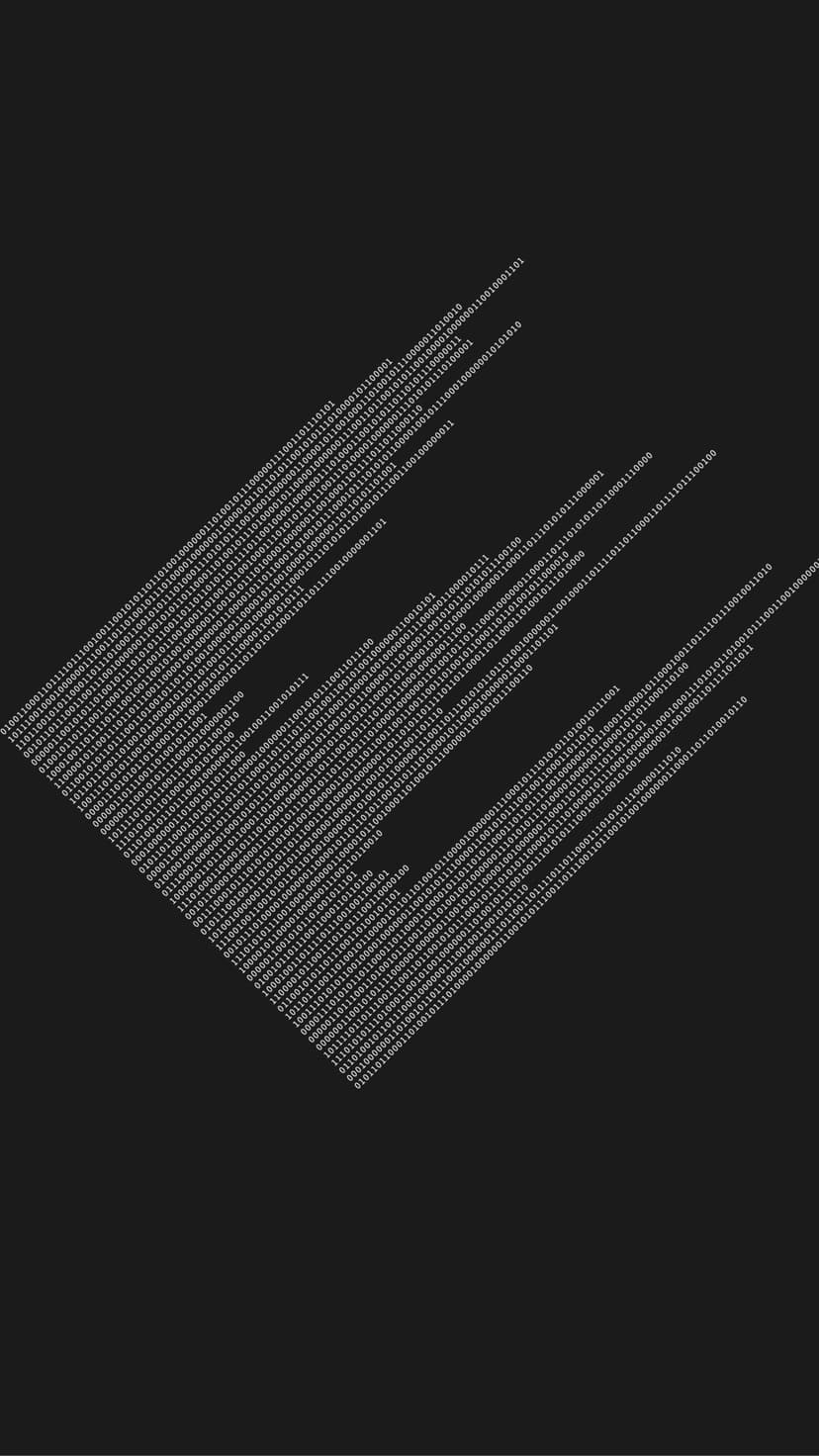 White binary code sequences fall diagonally across a dark gray backdrop for a high-contrast screen interface.