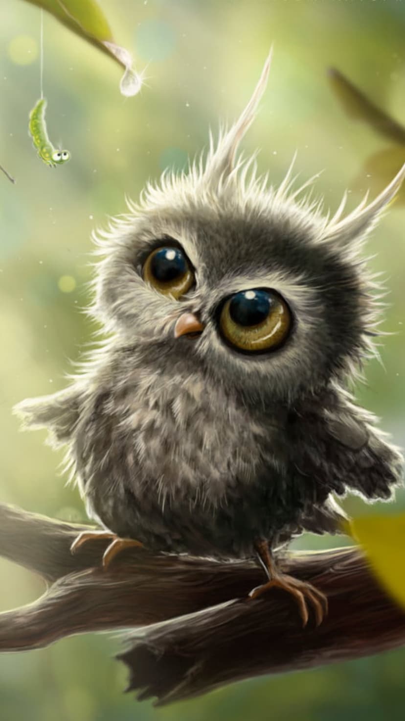 Fluffy grey owlet with large amber eyes perches on a branch looking at a tiny green caterpillar on a thread.