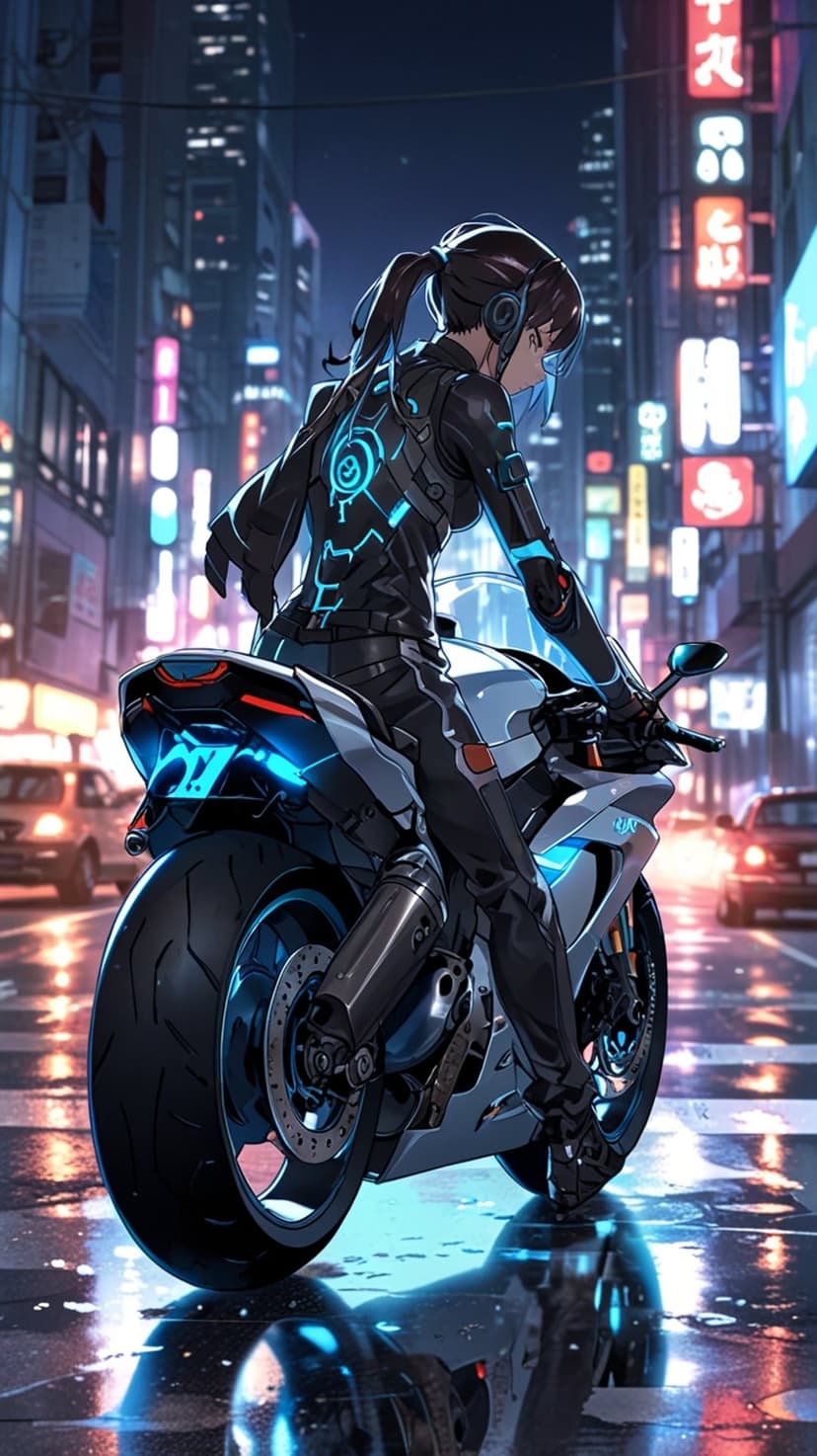 Anime girl in a glowing black circuit suit rides a blue electric motorcycle on a wet neon city street at night.