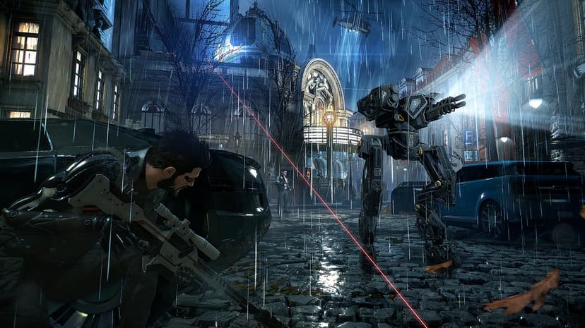 Adam Jensen with a sniper rifle crouching near a bipedal combat mech in a rainy cyberpunk city at night.