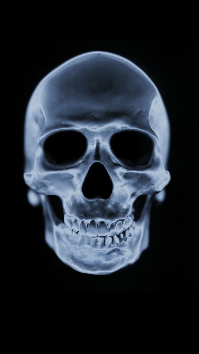Translucent human skull in electric blue x-ray light showing cranial bones against a black background.