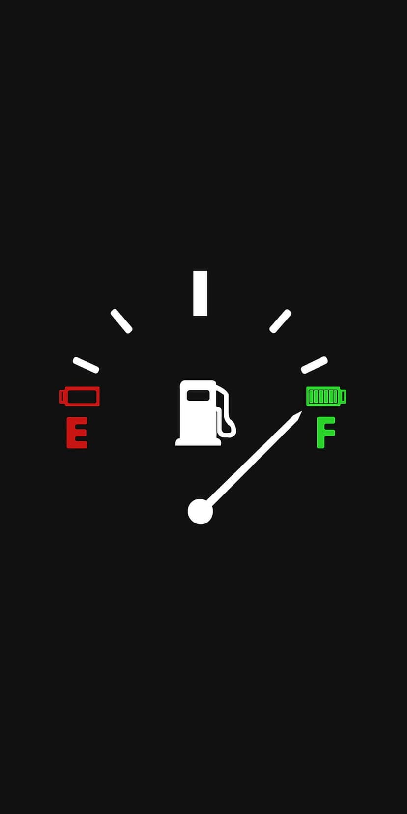 Fuel gauge needle pointing toward a green full battery icon next to a red empty symbol on a dark dashboard.