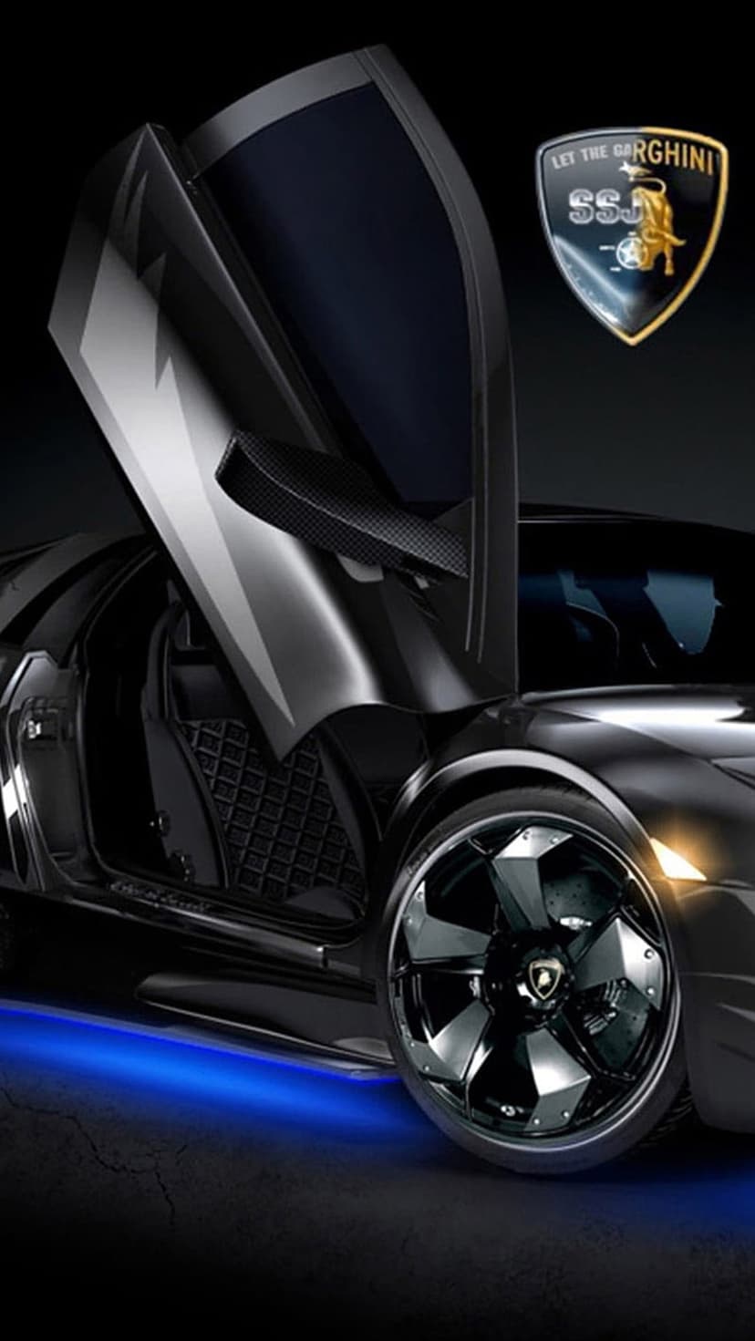 Black Lamborghini with open scissor doors and blue neon ground lighting features a prominent hood crest.