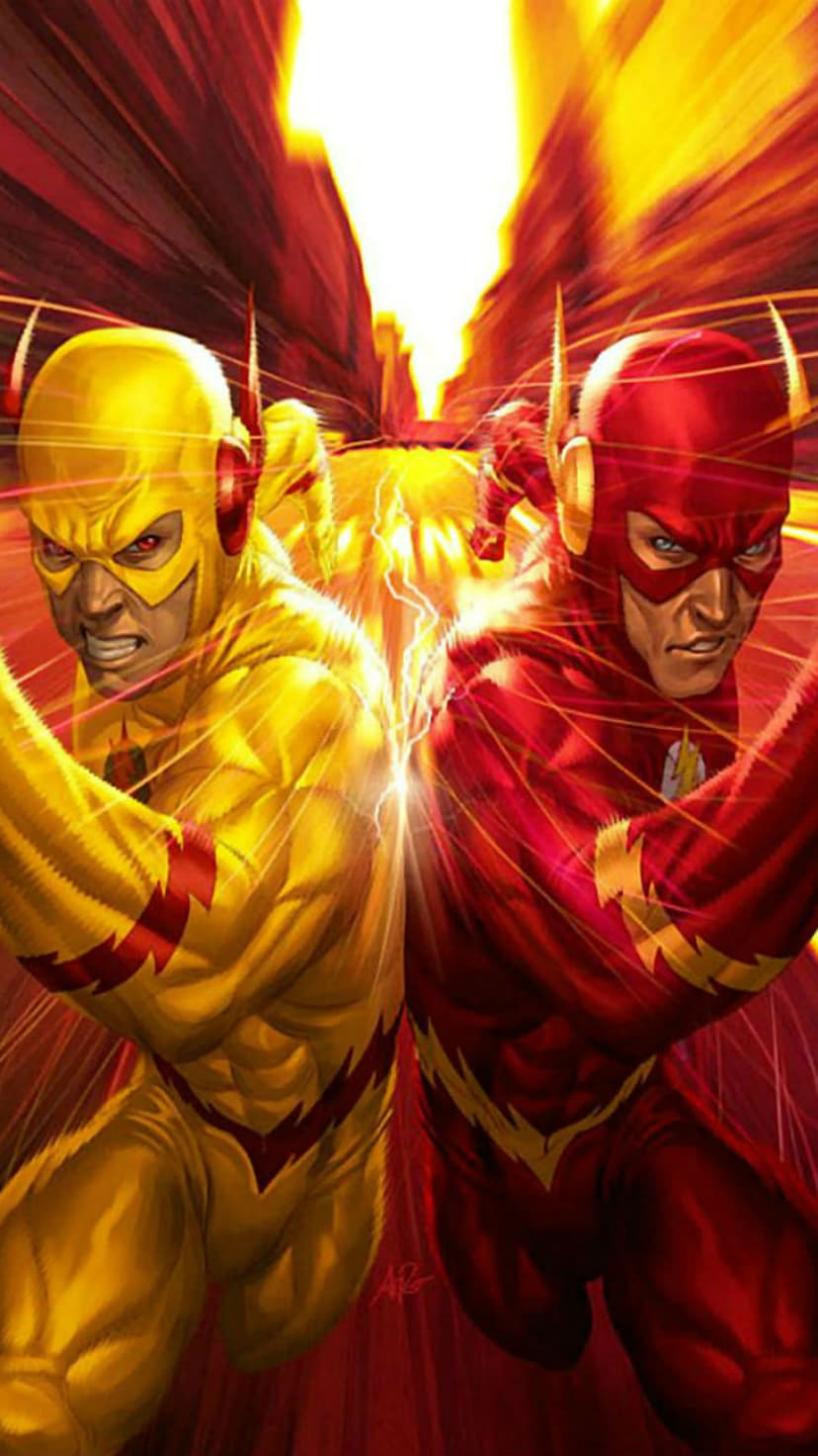 Flash and Reverse-Flash collide in a blur of red and yellow lightning against a dark energy-filled background.