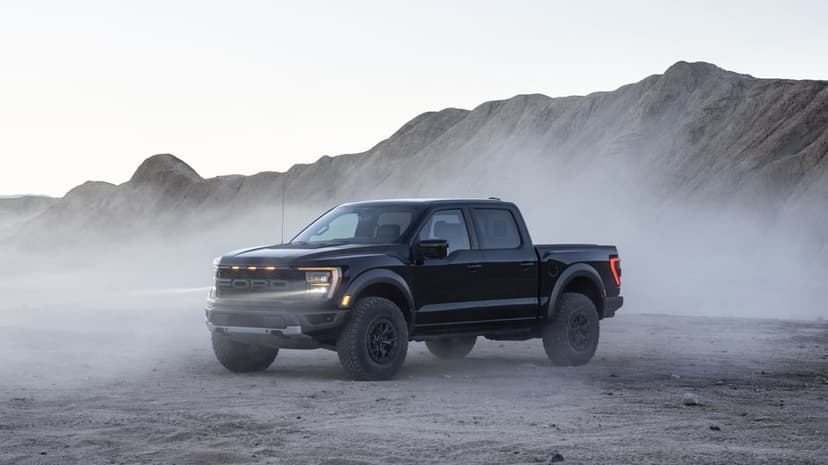 Black Ford Raptor pickup truck parked in a dusty desert with soft lighting and rolling sandy hills.