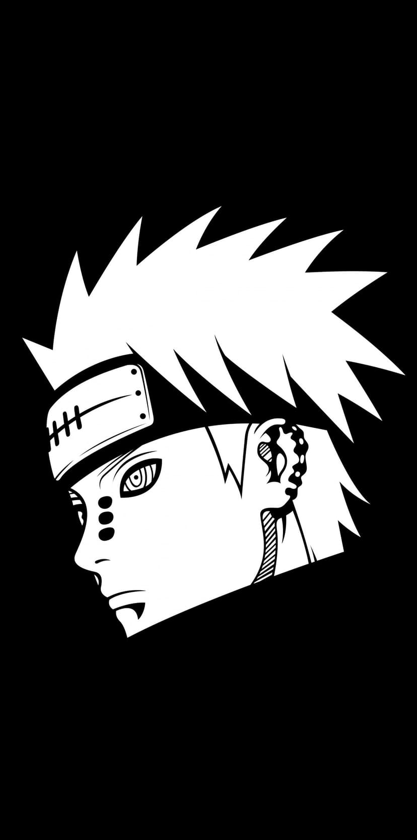 Pain stares forward with rippled Rinnegan eyes and a slashed forehead protector in high-contrast monochrome.