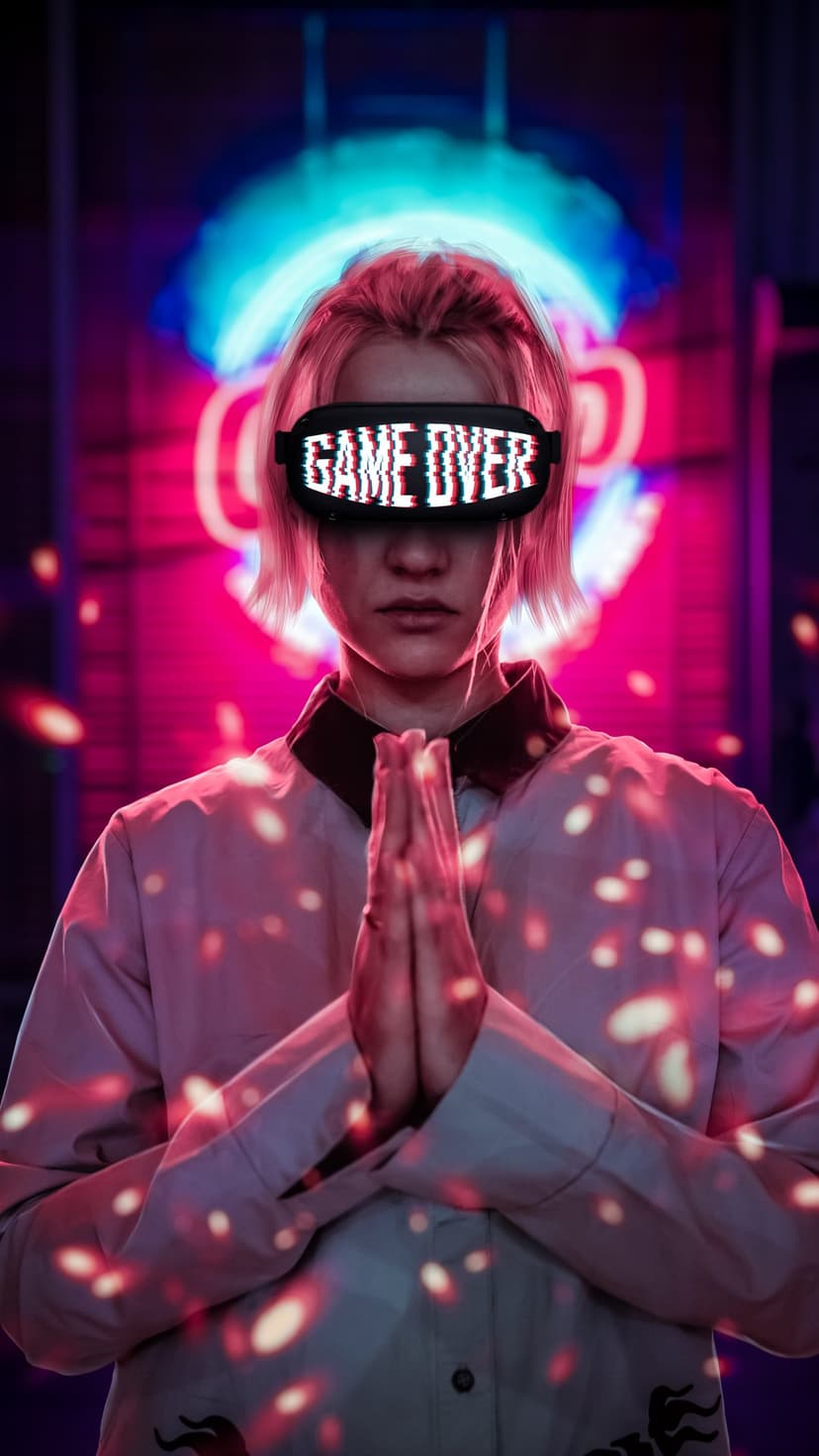Person with pink hair wears a VR headset showing game over text with hands clasped in neon blue and pink light.