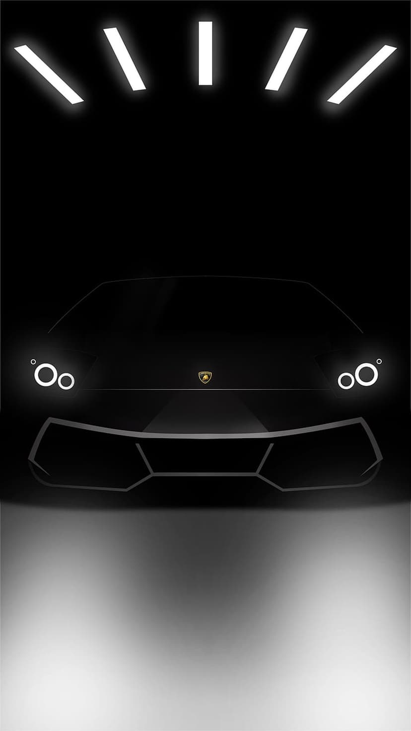 Black Lamborghini supercar with glowing white headlights and overhead studio lighting in a dark showroom.