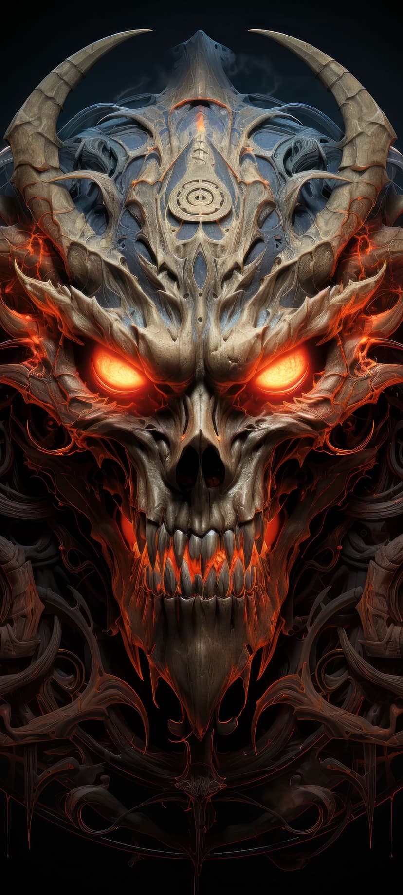 Demonic skull with glowing orange eyes and sharp teeth surrounded by embers and dark swirling smoke textures.