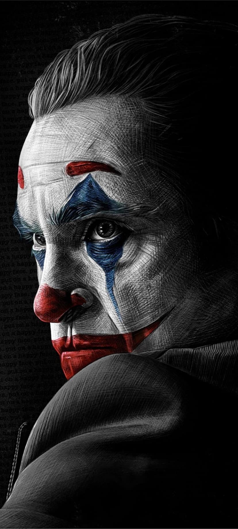 Joker face with red and blue makeup, visible pencil strokes, and a somber expression against a dark background.