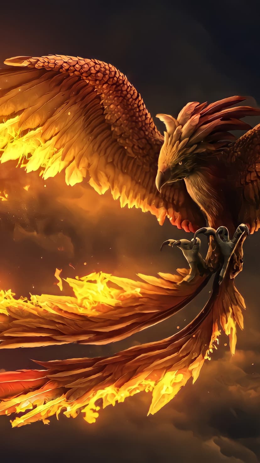 Phoenix with glowing orange wings and sharp talons ascends through dark gray smoke and floating embers.
