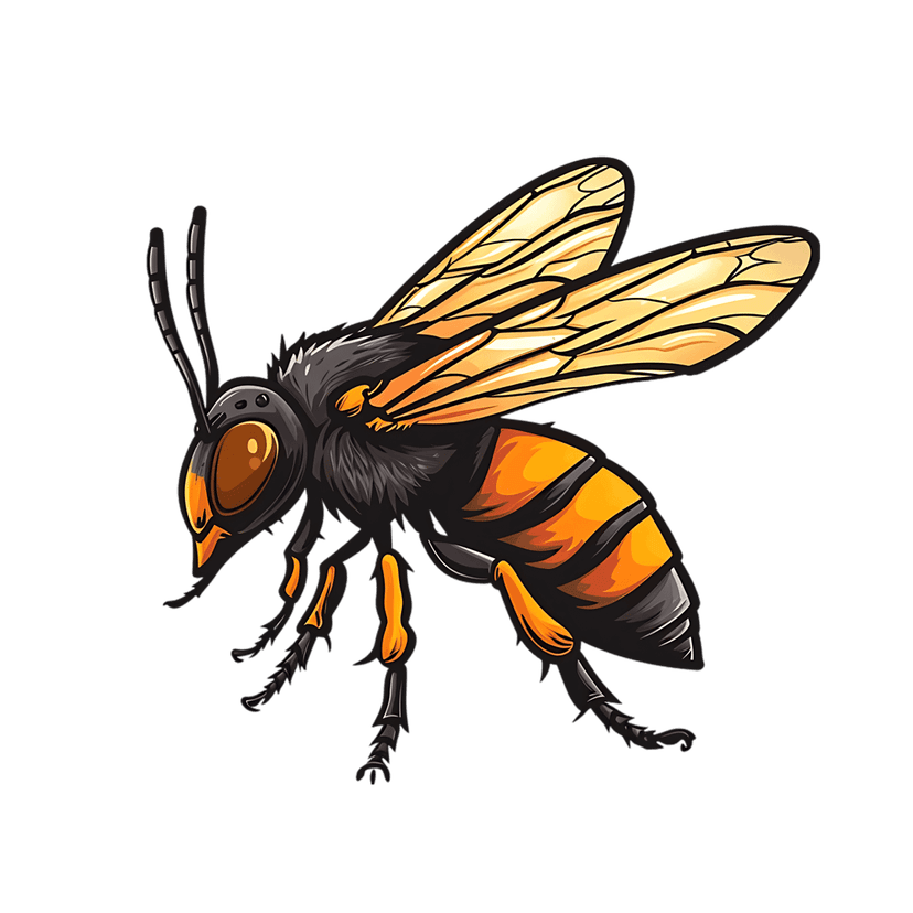 Stylized wasp illustration featuring orange segmented abdomen and intricate wing details on black background.