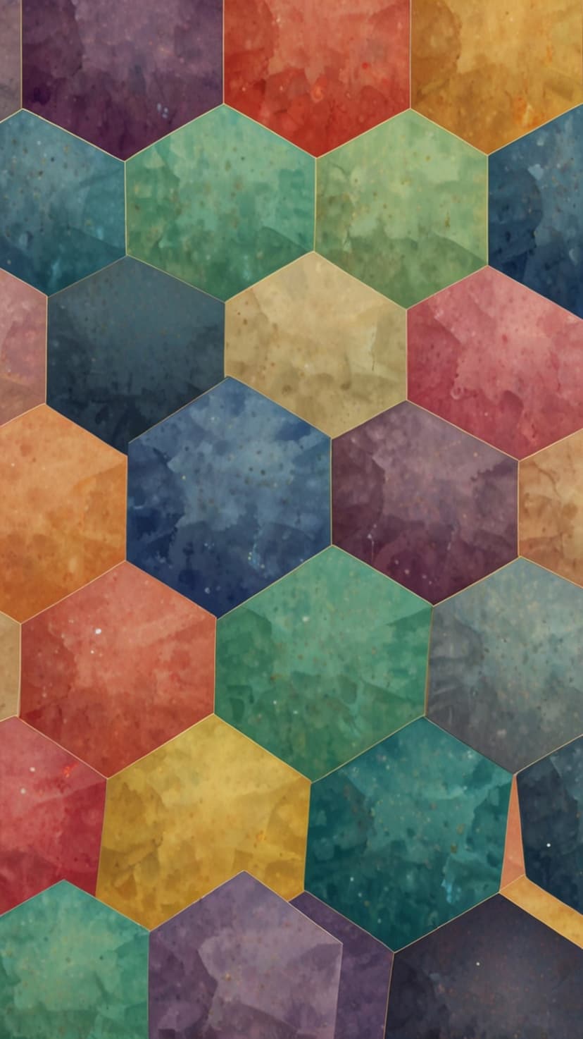 Interlocking hexagons with colorful watercolor textures in red, blue, and yellow hues on a vertical canvas.