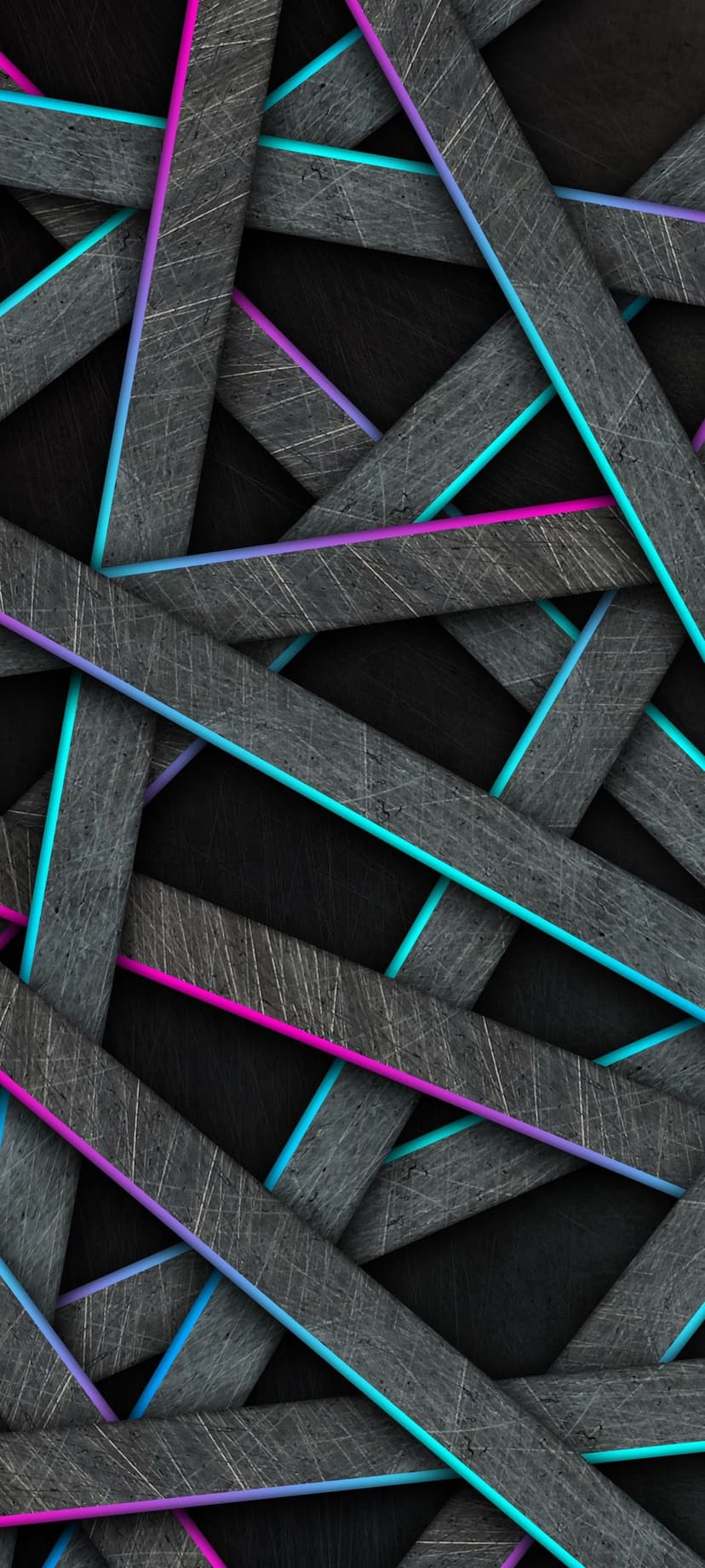 Neon blue and pink edges illuminate dark grey overlapping textured strips in a vertical geometric composition.