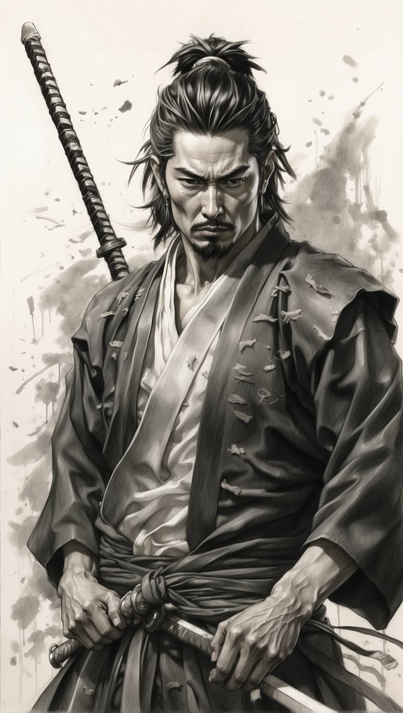 Samurai warrior with a stern expression grips a sheathed katana against a minimalist monochromatic background.